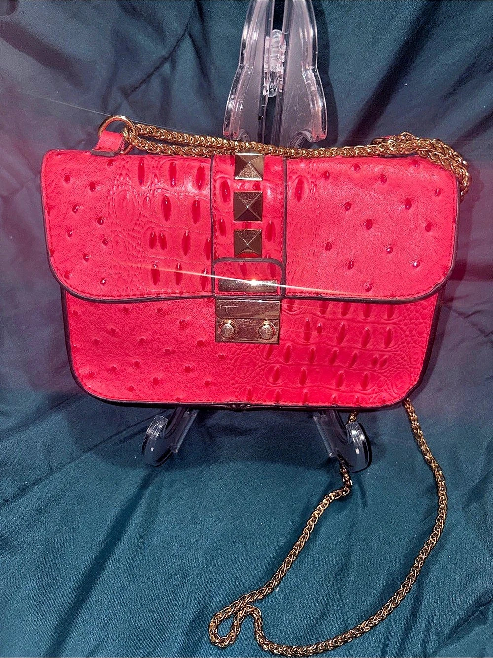 Dark Pink Croc embossed - likeness w/ a studded Chain Shoulder Bag